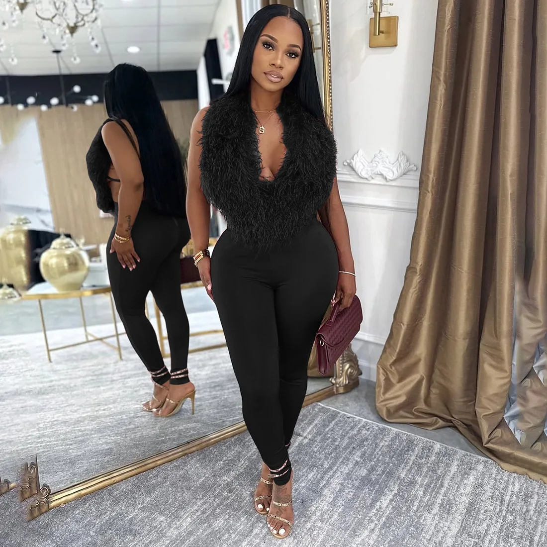 مثير الفراء سترة القمم 2 قطعة مجموعة بناطيل رجالي وتتسابق Y2K الشارع الشهير ملابس الشتاء الخريف المرأة موضة أنيقة نادي حفلة قطعتين مجموعات