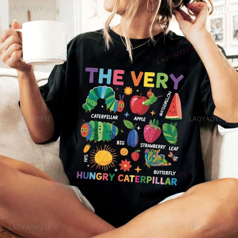 Hungry Caterpillar Shirt for Teachers Woman Pink Graphic T Shirts Vintage Vintage Book Pattern T-shirt Summer Breathable Cotton