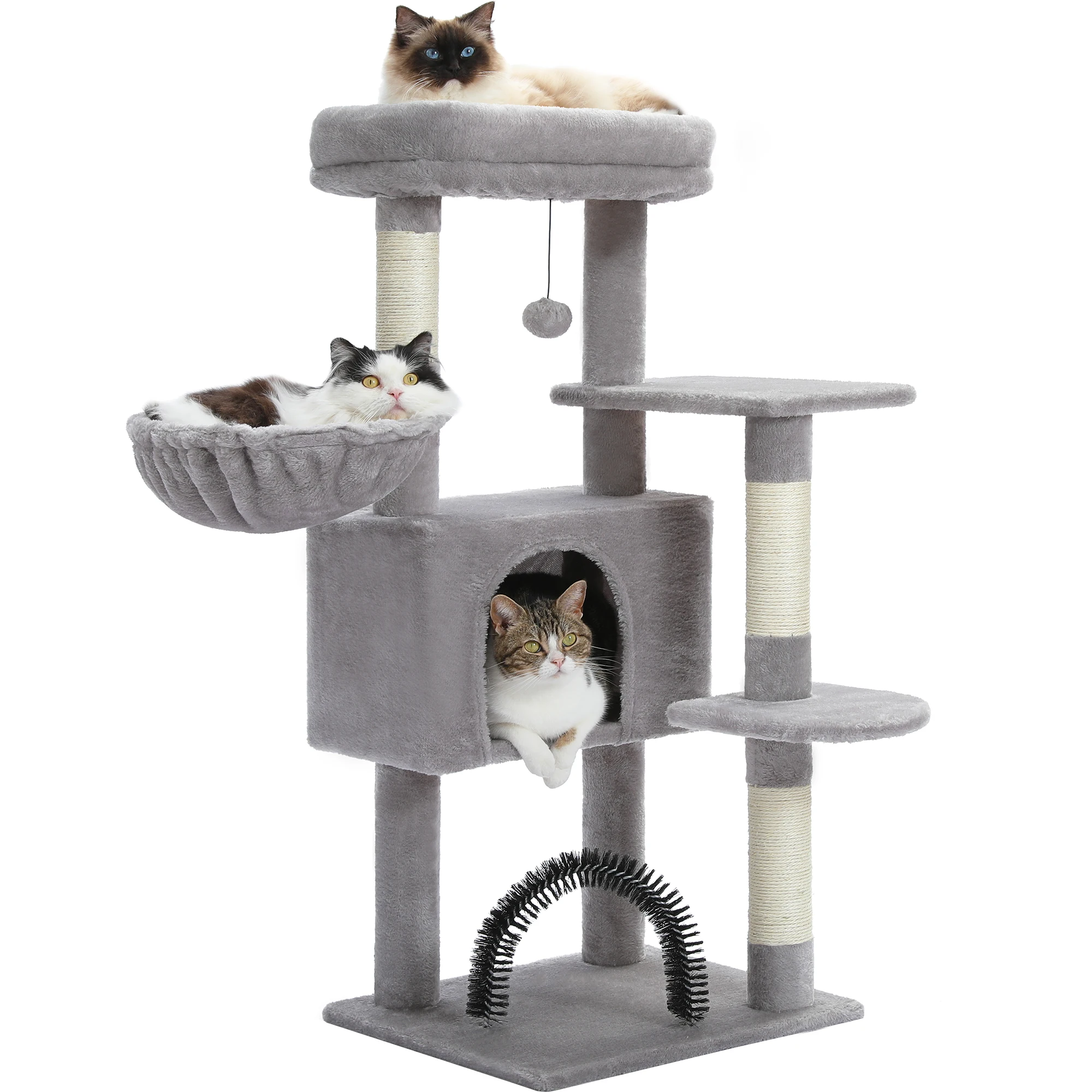 Height 120CM Cat Tree Condo for Indoor Multi-Layer Cat Tower with Self Groomer Sisal Scratching Posts Large House Hummock Perch