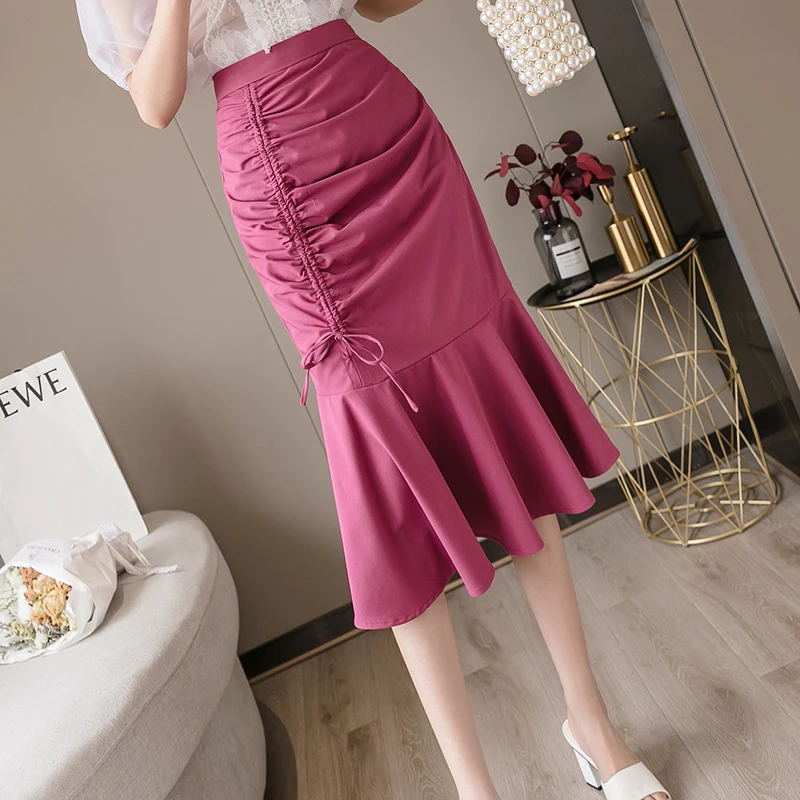 

Black White Mermaid Skirt for Women Korean Fashion Asymmetrical High-waisted Skirt Woman Drawstring Ruffles Long Skirts