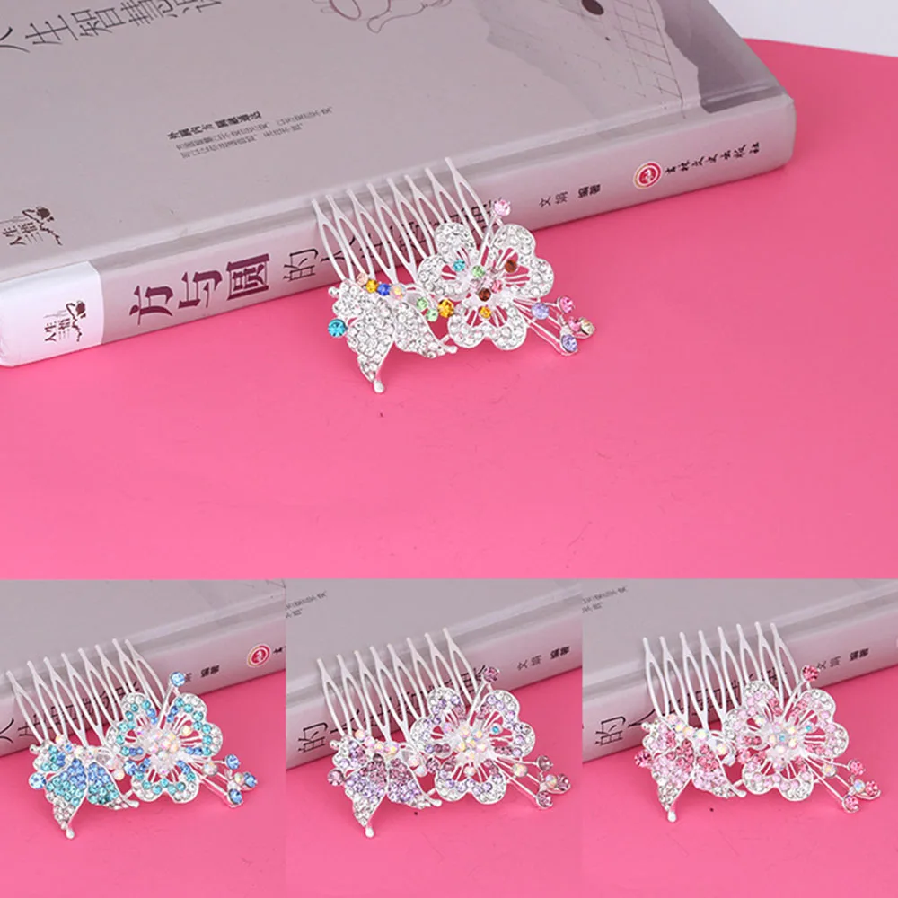 Bride Rhinestone Hair Side Comb Clips Butterfly Flower Tiara Messy Bun Maker for Birthday Stage Party Hairstyle Making