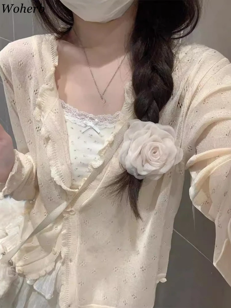 

Sun Protection Knitted Cardigan Women Sueter Mujer Hollow Out Ruffled Y2k Tops Korean Fashion Single Breasted Sweater Pull Femme