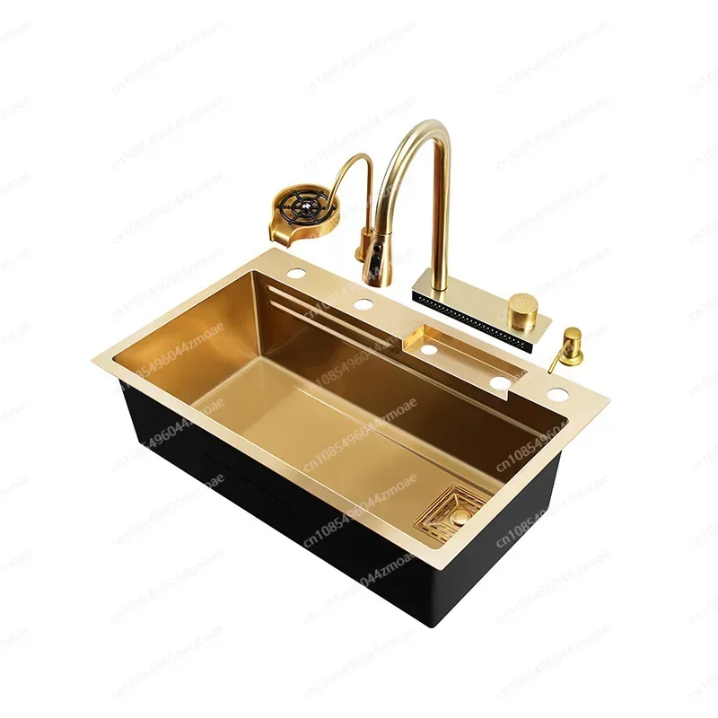 Gold 304 Stainless Steel kitchen Waterfall Sink,Vegetable Washing Basin,Large Single Slot,Middle And Lower Basin,Thickened