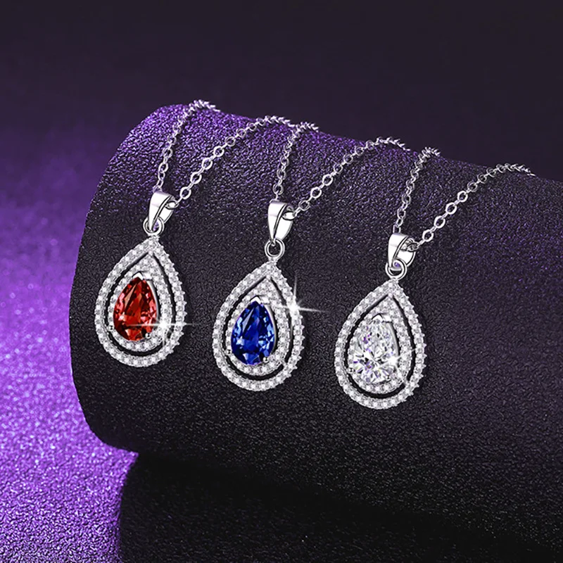 

S925 Silver White Gold Plated 1CT Teardrop Multi-Layer Color Moissanite Pendant Necklace for Women, Exquisite Jewelry.