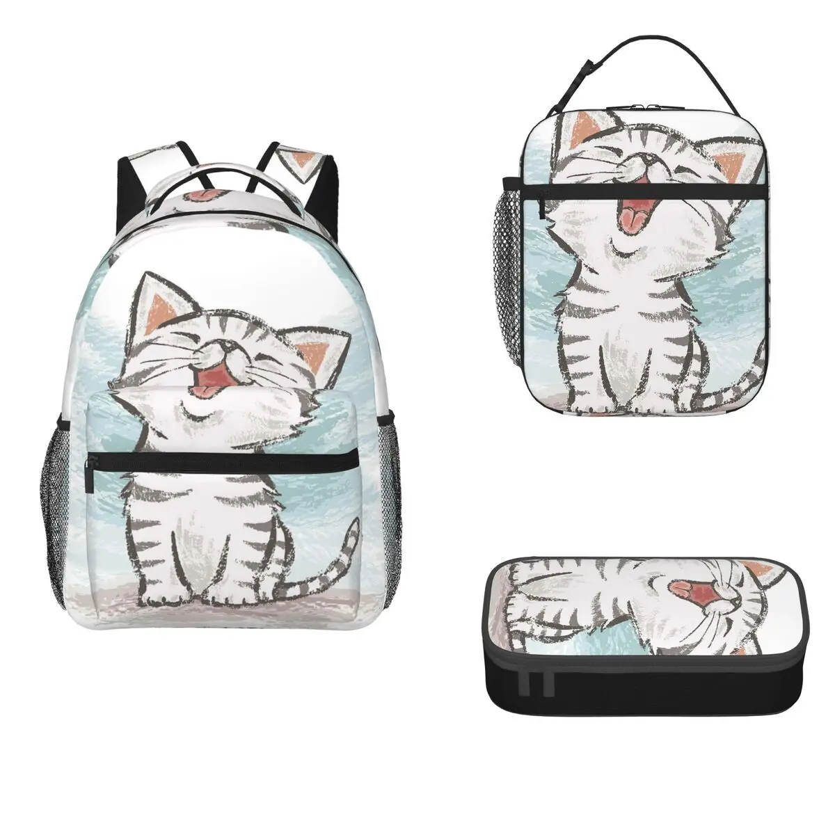 

American Shorthair Happy Backpacks Boys Girls Bookbag Students School Bags Cartoon Rucksack Lunch Bag Pen Bag Three-Piece Set