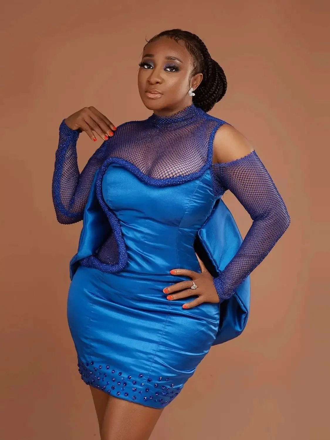 Custom Plus Size Blue Mini Prom Dress 2026 Mesh Patchwork Long Sleeve Evening Gown Sexy Cocktail Party Birthday Dress for Women