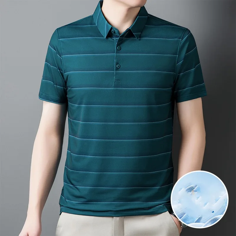 

Men's Clothing Summer Lapel Polo-Neck Contrast Color Striped Button Short Sleeve Pullover Turn-down Collar T-shirt Vintage Tops