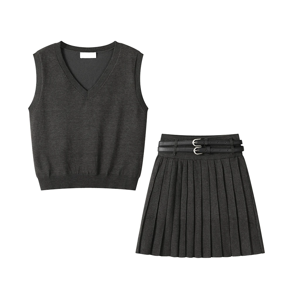 

Woman Grey Two-piece Suit High Quality Knitted Vest Top Casual High Waist Pleated Short Skirt Women Clothing