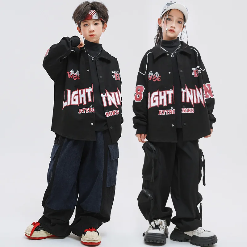 Children Boys Girls Teen Streetwear Hip Hop Loose Long Sleeve Shirt Cargo Pant Sets Tracksuits Kids Stage Performance Clothes