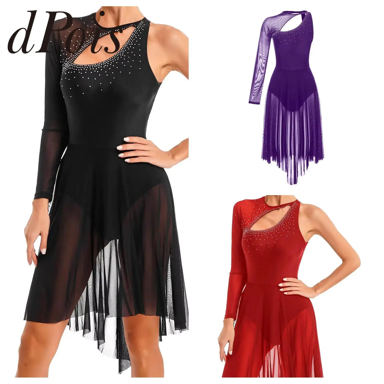 

Women's Figure Skating Dress Long Sleeve Lyrical Dance Dress Stage Gymnastics Leotard Ice Skating Costume Sheer Mesh Dancewear