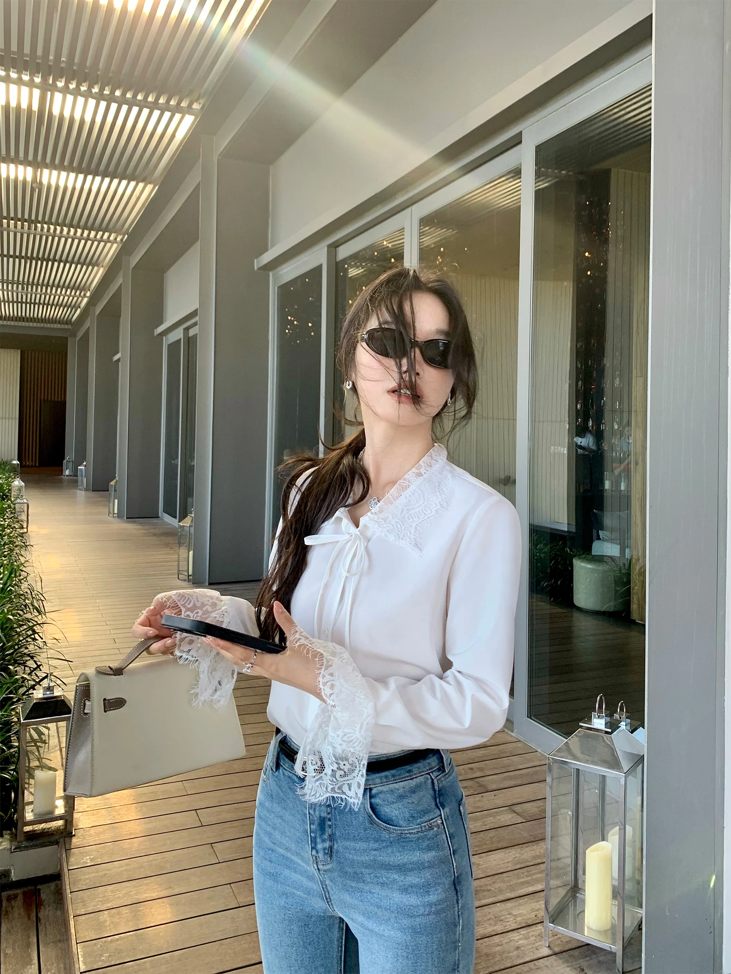 

Женская блузка Pusumede с длинным рукавом, кружевными вставками и нежным воротником-стойкой, повседневный стиль