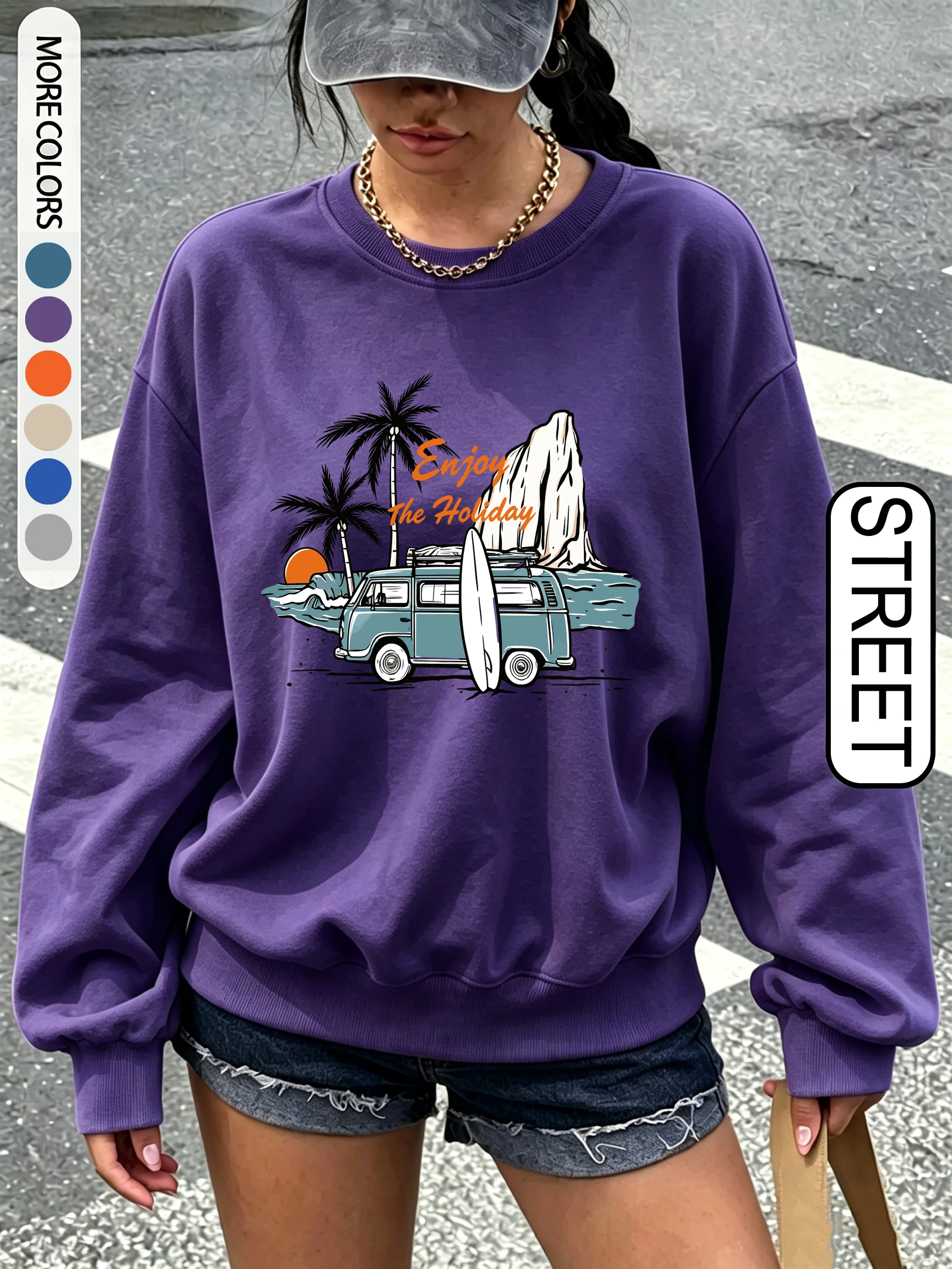 Enjoy The Holiday Surfing Coconut Tree Print Women Sweatshirt Autumn Fleece Pullovers Crewneck Streetwear Loose Casual Clothing