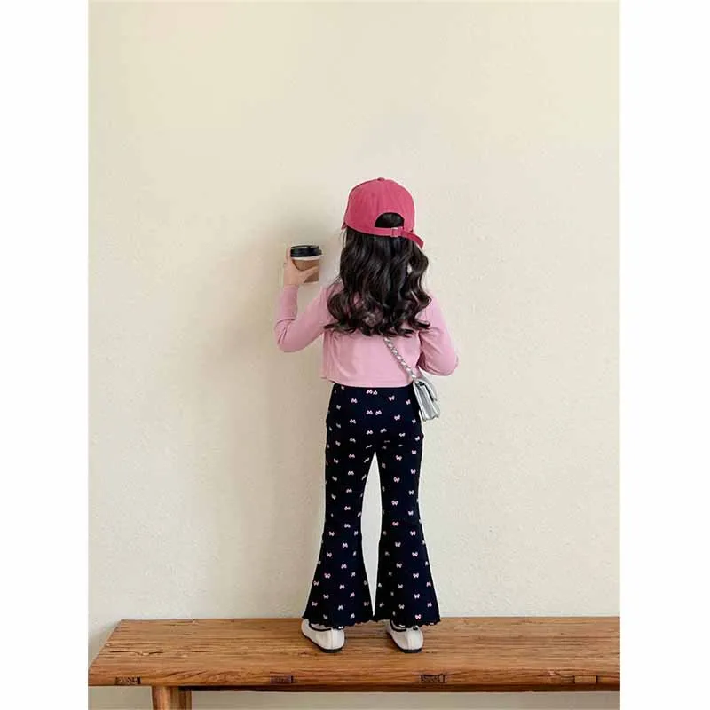 Girls Spring Sets Children\'s Undershirt Suit Baby Round Neck Tops Bow Tie Pants 3Pcs Autumn New Cute Casual Sportswear 2-8Y