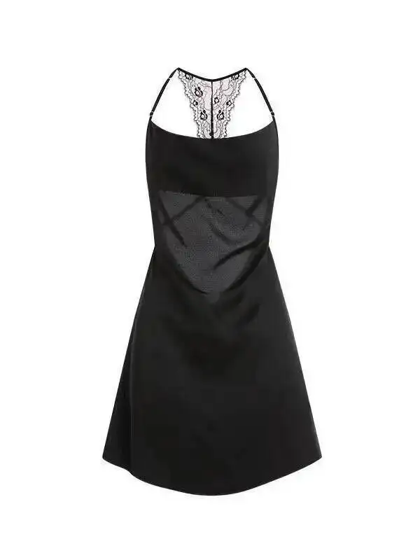 Pure Desire Lässiger Stil, sexy Spitze, rückenfrei, dünnes Homewear-Kleid, bezauberndes Kleid mit tiefem V-Hosenträger und hängendem Hals, elegant, feurig, 4RO6