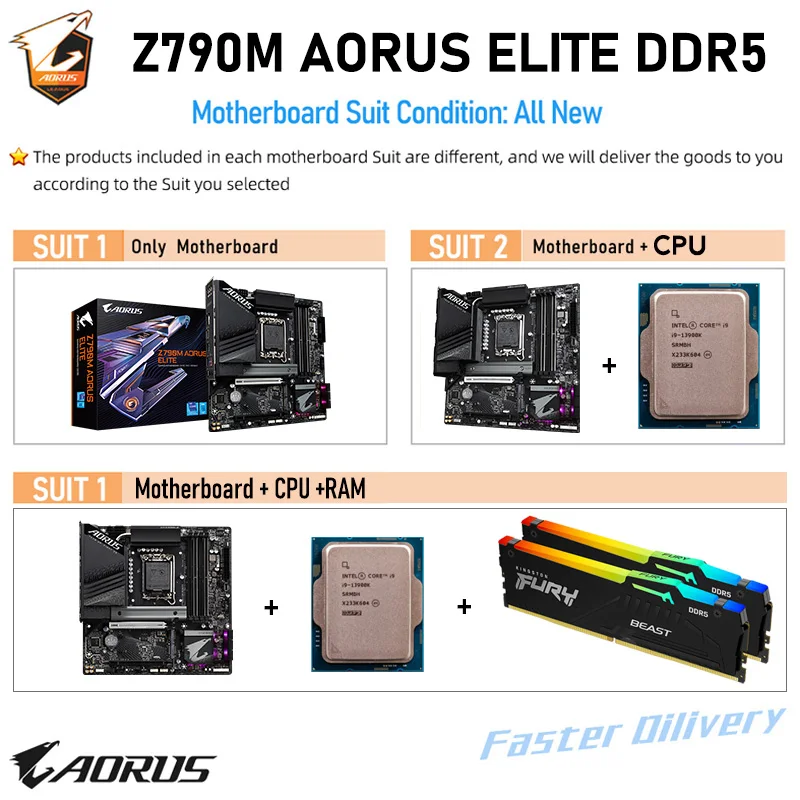 Gigabyte Z790M AORUS ELITE With CPU Core i9 13900K + Kingston Fury DDR5 6000MHz 32GB RAM Desktop Memory Suit MATX PCIE 5.0 NEW