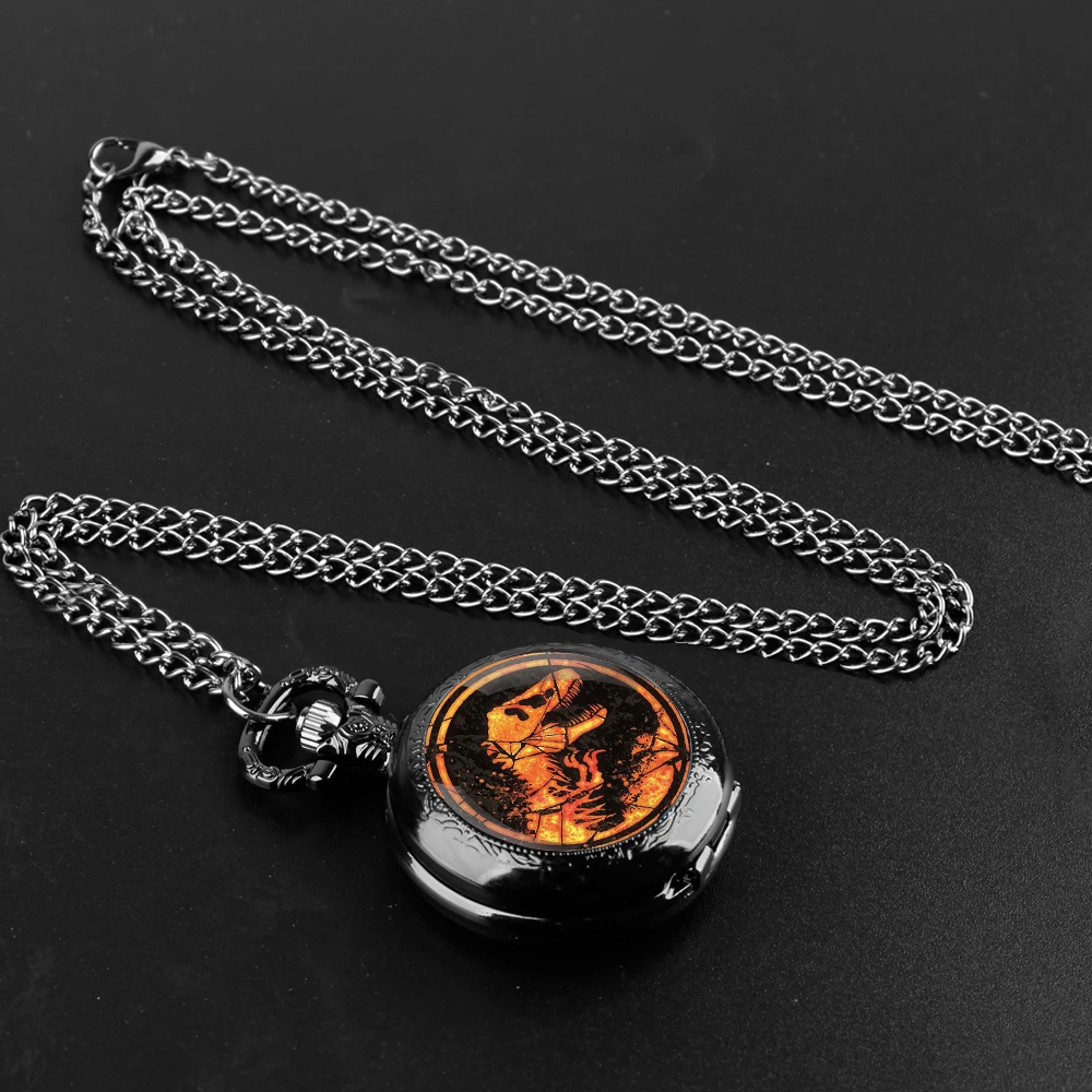 Dinosaur Glass Dome Quartz Pocket Watch With Durable Chain Arabic Numeral Dial Halloween Gifts for Men Women Kids