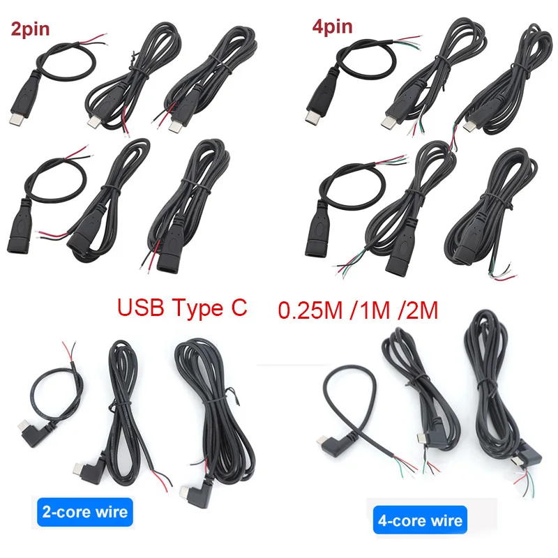 USB Type C Male Female Plug Power Supply Charger Connector 2 Pin 4 Pin USB-C DIY Repair Cable Welding Type Wire 0.25M 1M 2M