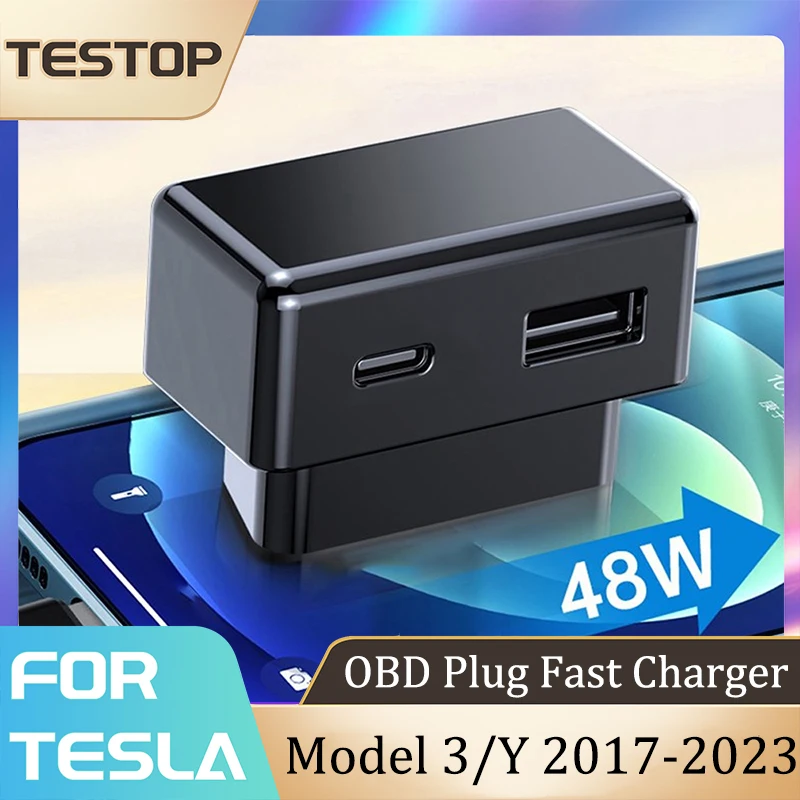 For Tesla Model 3 Model Y 2023 OBD Plug Fast Charger USB And Type-C Dual Port 48W Conversion Kit Car Accessories 2021-2023