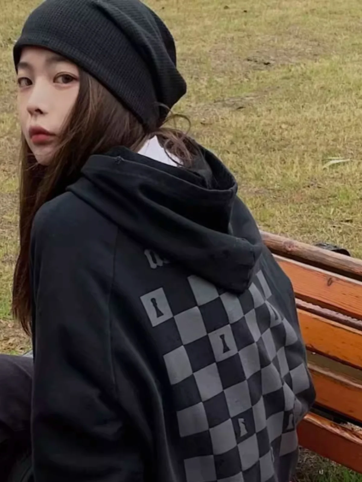 

Black Hoodie Women's Loose Fit Spring Autumn Thin Korean Style Casual Fashion Polyester Long Sleeve Printed Sweatshirt