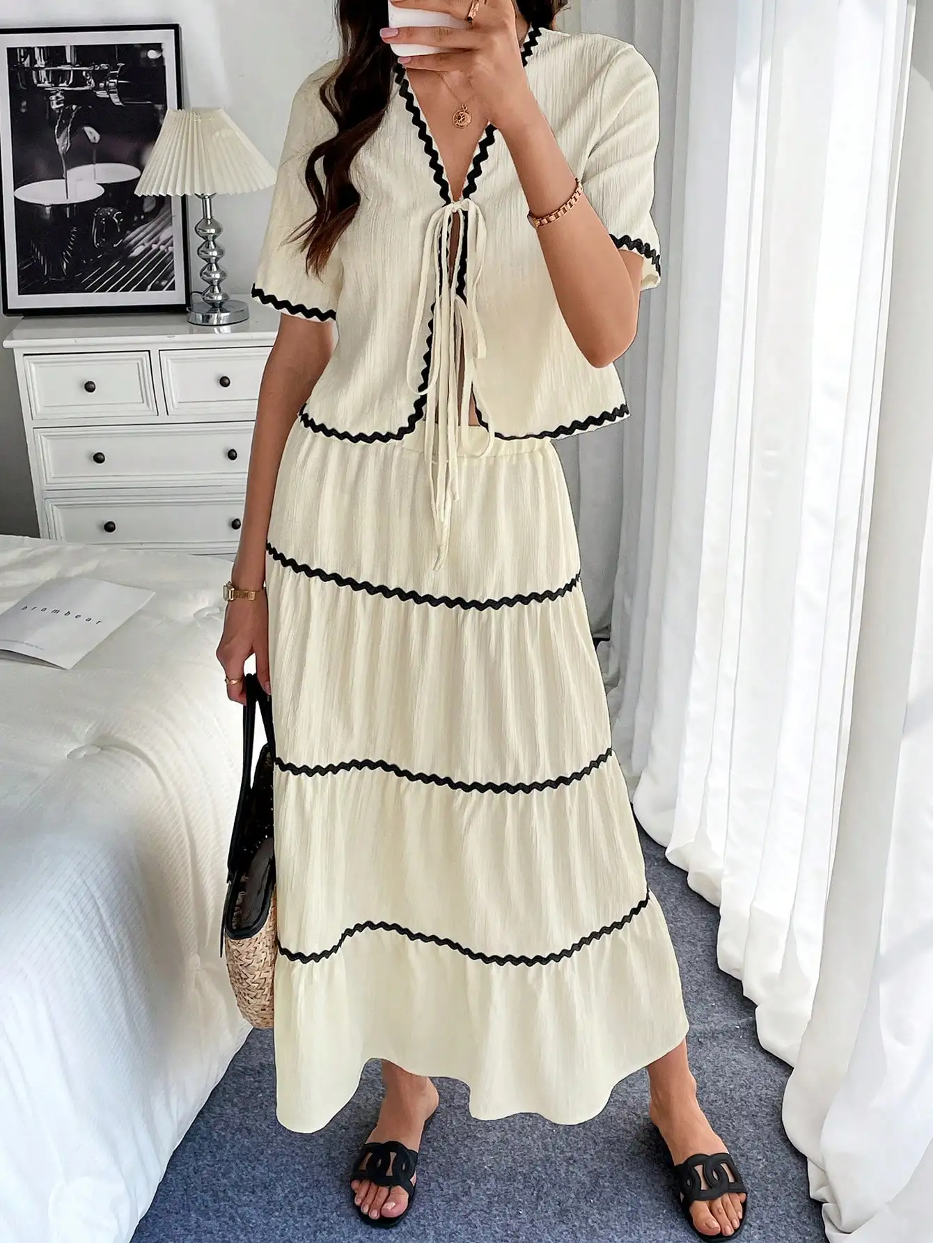 

Cream Tiered Midi Dress with Black Zigzag Trim and Tie Front