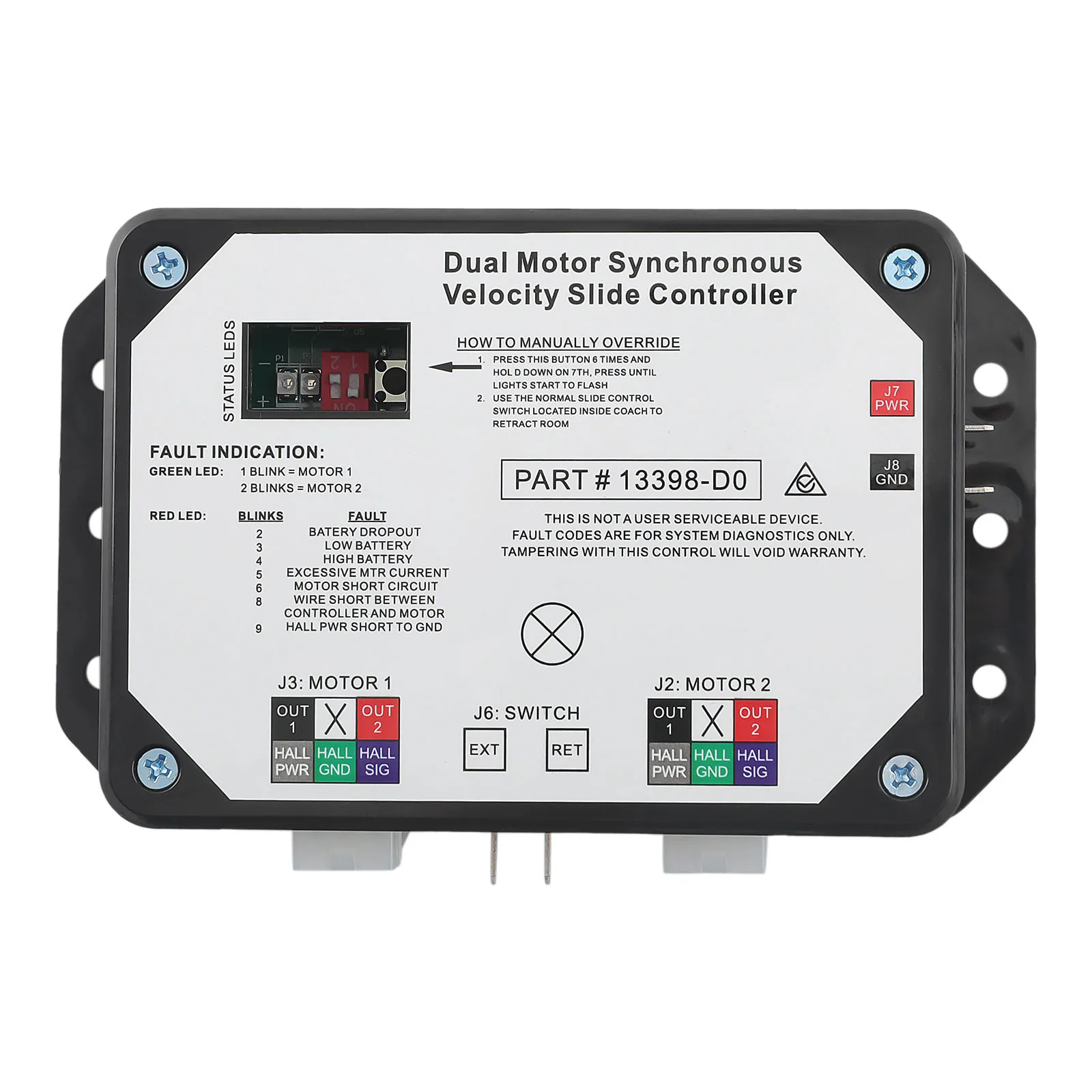 12 V Dual Motor Speed Controller with 2 LED for Lippert 13398-D0 12V DC input. Unit will operate from 8V DC to 18V DC