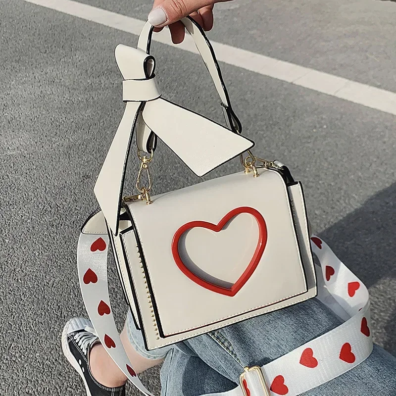 Women Sweet Cute Crossbody Bags Heart Hollow Out Shoulder Bag Students All-match Flap Wide Straps Summer Handbags Ins Chic Purse