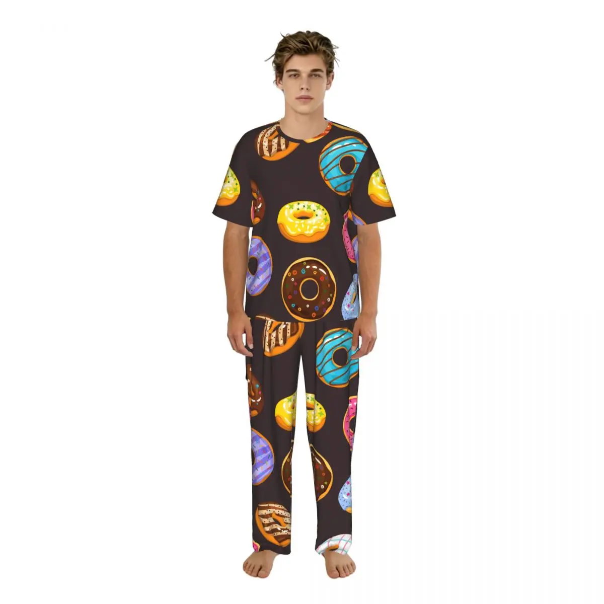 

Men's Casual Pajamas Sets Short Sleeve and Pants Sets Male Sleepwear Colorful Glaze And Sprinkles Donuts Home Clothes