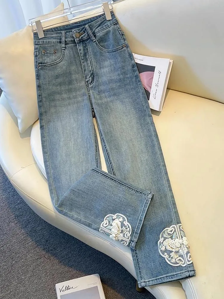 

High Waist Straight Leg Jeans Women's Spring Summer New Chinese Sle Embroidery Nine Point Slim Fit Pants Faionable Ladies...