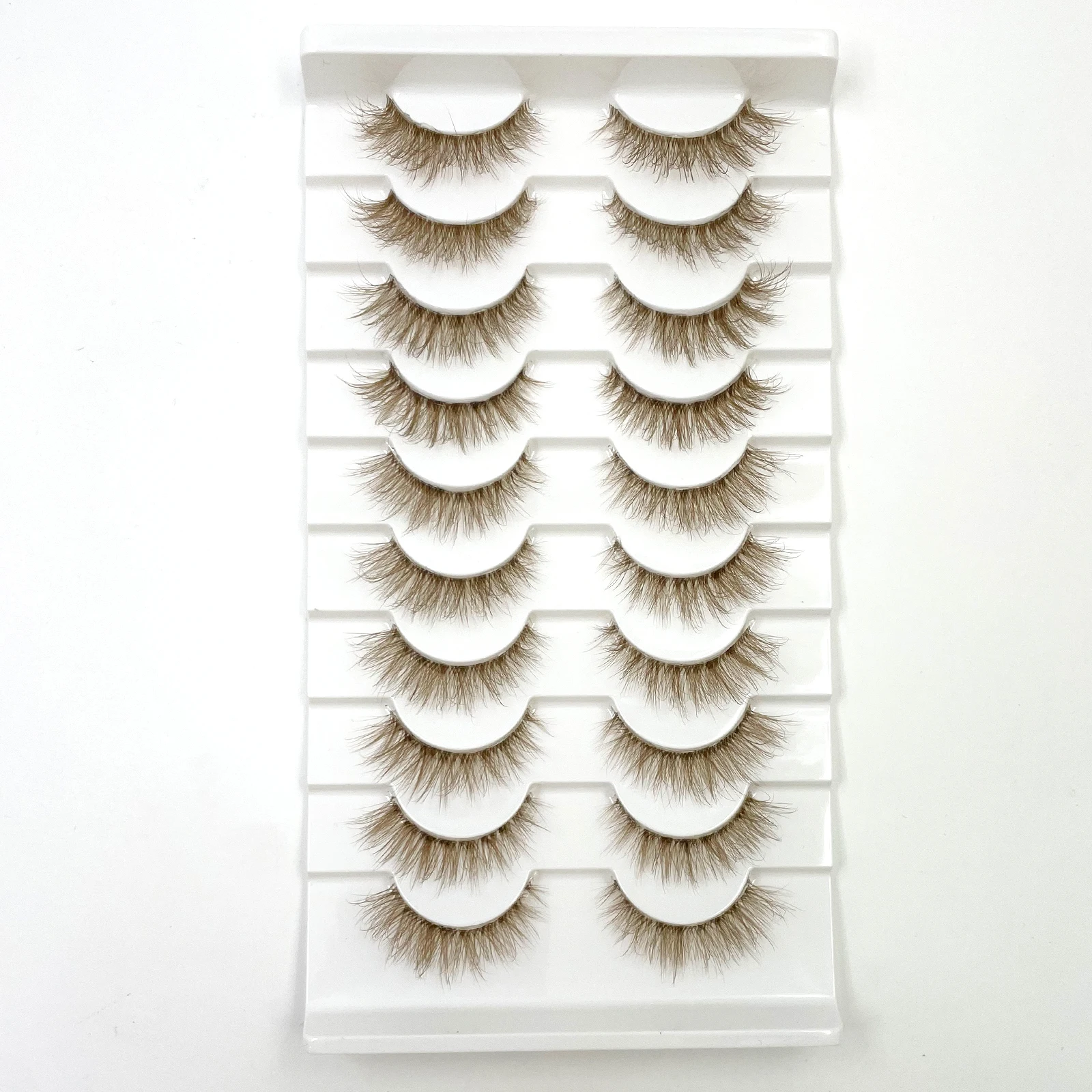 10 Pairs C-04 Brown Fluffy Strip False Eyelashes 3-13mm Layered Natural Volume Fake Lashes Clear Band Reusable Eye Lashes Makeup