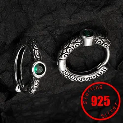 Stamp 925 Sterling Silver Vintage Pattern Ear Buckles for Women Green Emerald Hoop Earrings Women Statement Jewelry Ears Gift