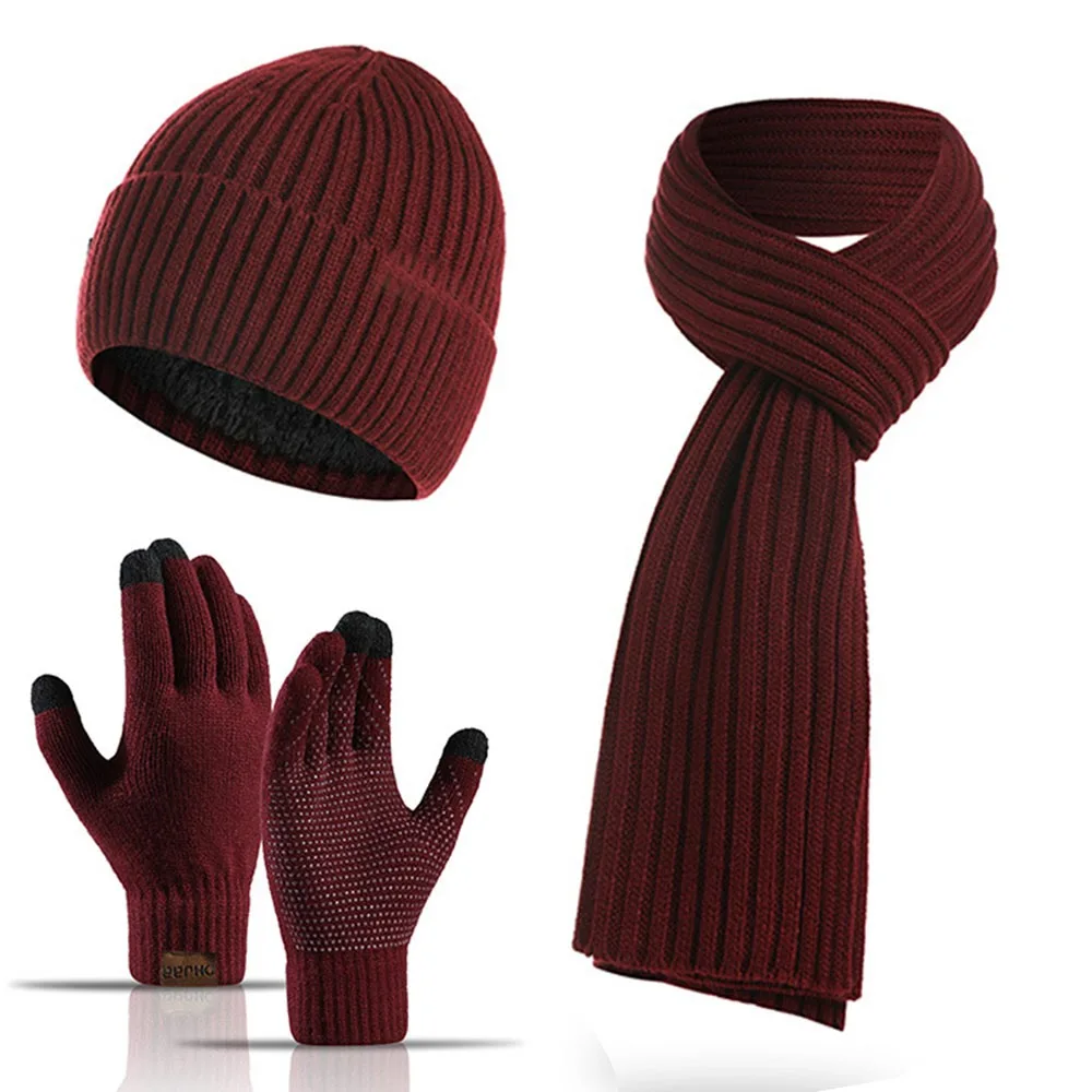 New Fashion Thickened Beanies Scarf Gloves Set Unisex Fleece-lined Beanie Hat Winter Warm Knit 3 in 1 Set for Women & Men