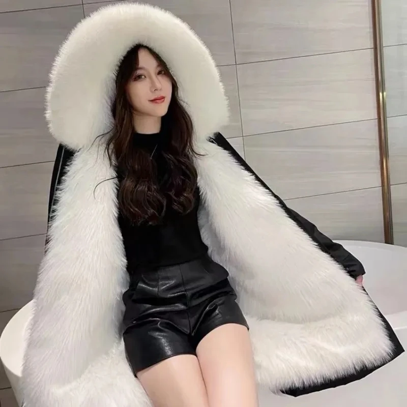 Womens Mid-Length Imitation Fox Fur Liner Coat Removable Hooded Parkas Cotton Padded Jacket Female Outwear New Winter 2024