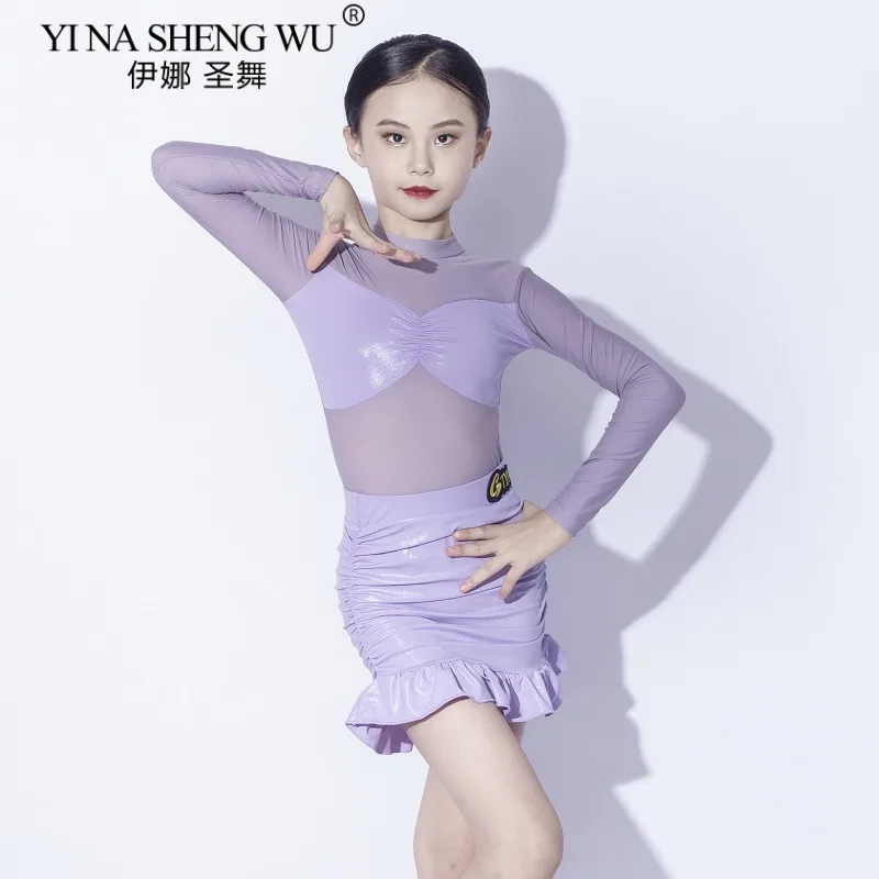 ชุดเต้นลาตินสีม่วงสำหรับเด็กผู้หญิง แขนยาว ผ้าตาข่าย ชุดจั๊มสูทและกระโปรง ชุดแสดงและฝึกซ้อมเต้นลาติน ชะชะช่า รุมบ้า