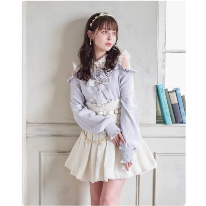 

Japanese Sweet Mine Bow Sweater Female Mass Produced Embroidery Love Lace Strap Knit Jumper Off Shoulder Long Sleeve Knitwear