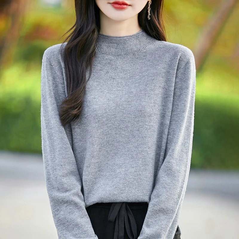 Autumn Winter Women Sweater Turtleneck Mock Neck Long Sleeve Solid Knitwear Pullover Half height collar Top Female clothing