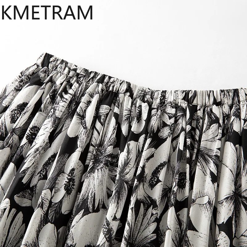 KMETRAM 100% Natural Mulberry Silk Skirts for Women Elegant Floral Print Long Skirt Casual Summer Skirts Woman Clothes 2026 юбка