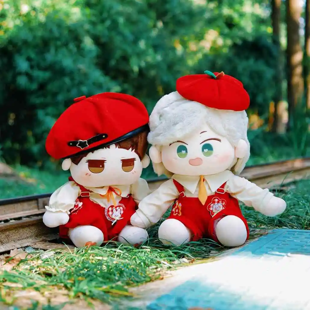 40cm Doll Clothes Strawberry Cheese Casual Red Beret Overalls Suit Stuffed Plushies Plush Doll Accessories Anime Toy For Kids G