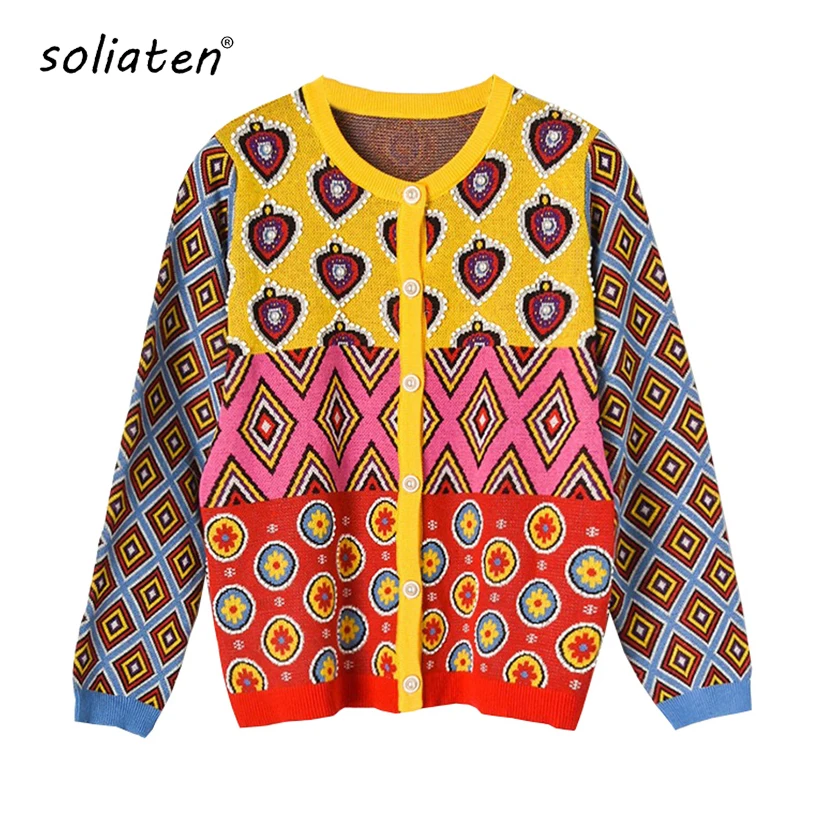 Brand Designer Women's Cardigan 2024 Vintage Contrast Geometric Heart Single Breasted Round Neck Open Stitch Cardigan C-107