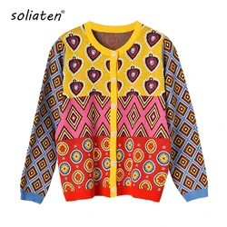 Brand Designer Women's Cardigan 2024 Vintage Contrast Geometric Heart Single Breasted Round Neck Open Stitch Cardigan C-107