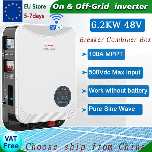 100A MPPT 컨트롤러가 내장된 6.2kW 48V 하이브리드 태양광 인버터, 500VDC PV 입력, 230VAC 출력, 순수 사인파, 차단기 빗