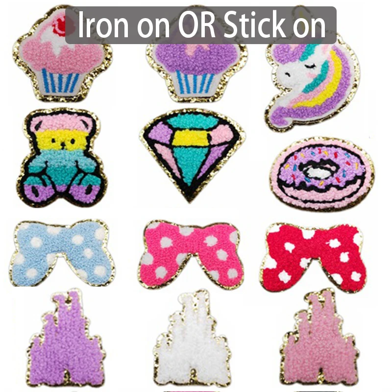 Cartoon Bow Chenille Iron-on Patches for Pocket, Embroidered Felt Patch, Castle Bow Knot Sticker for Clothes, School Bag Appliqu