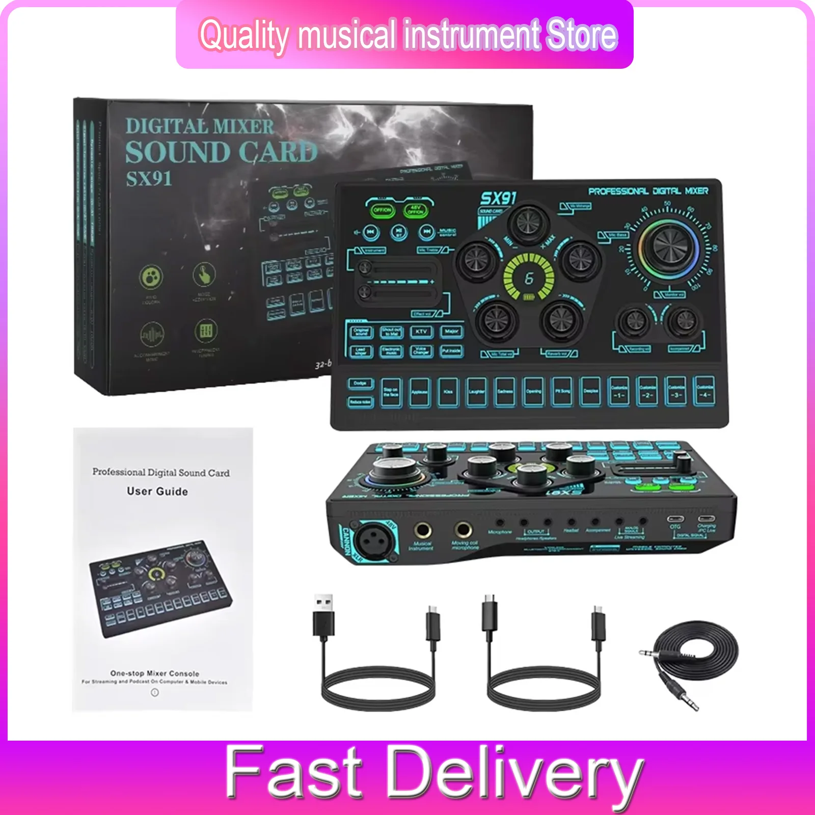 SX91 Audio Mixer Sound Card With Voice Changer 48V Phantom Power For Karaoke Gaming Studio Live Podcast Streaming Broadcast