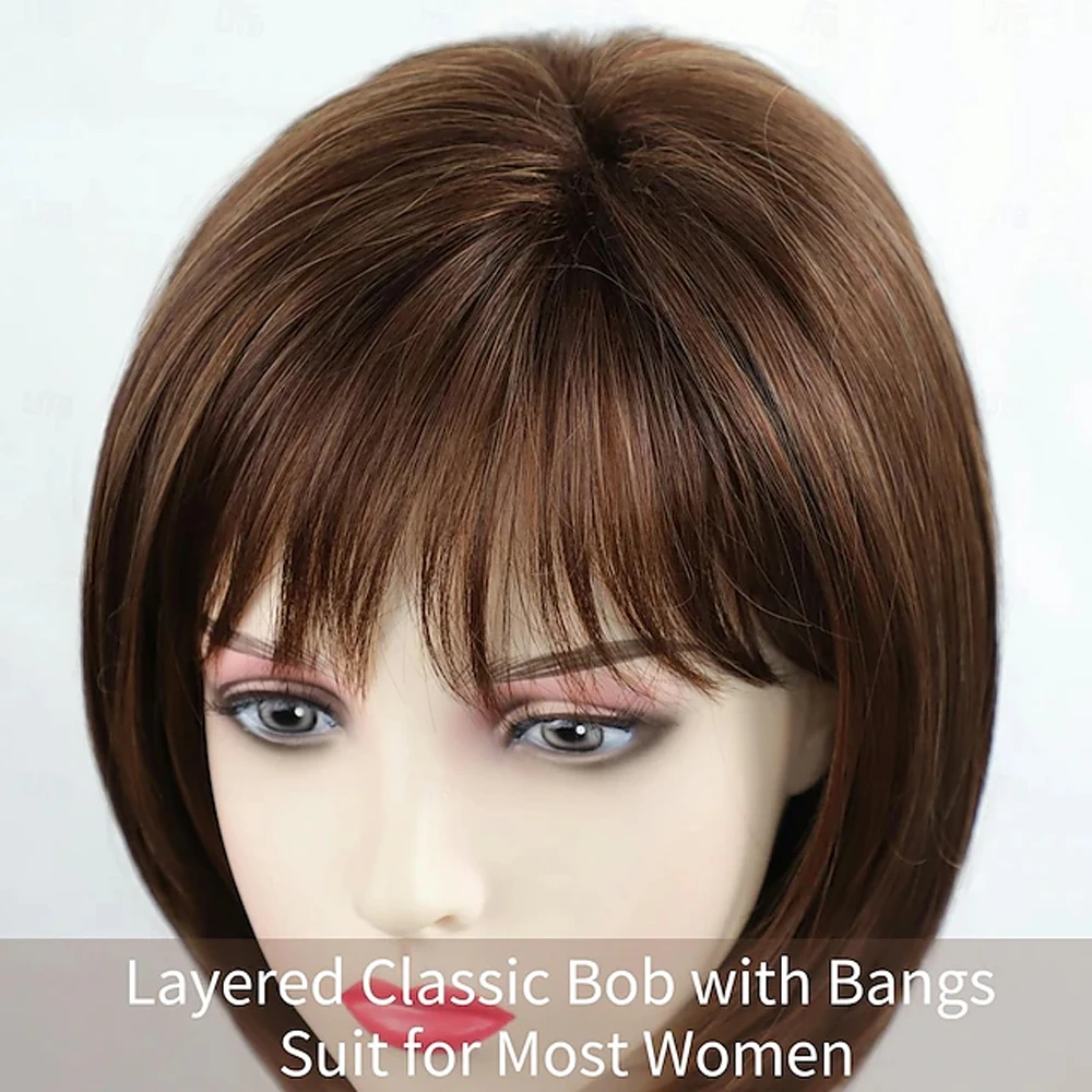 HAIRJOY Synthetic Hair Short Brown Bob Wigs with Bangs for Women  Daily Party Wig image 4