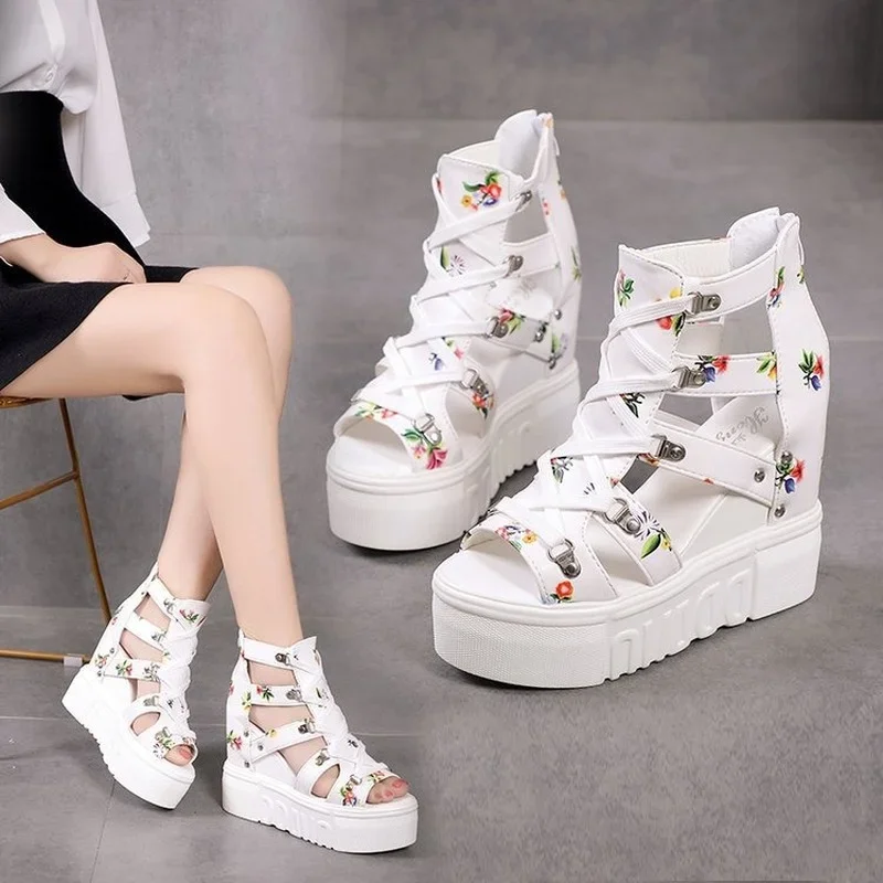 High-heeled Sandals Women's 2024 Summer Thick-bottomed Wedge Hollow Fish Mouth Roman Style Gladiator Casual Zipper Platform Shoe