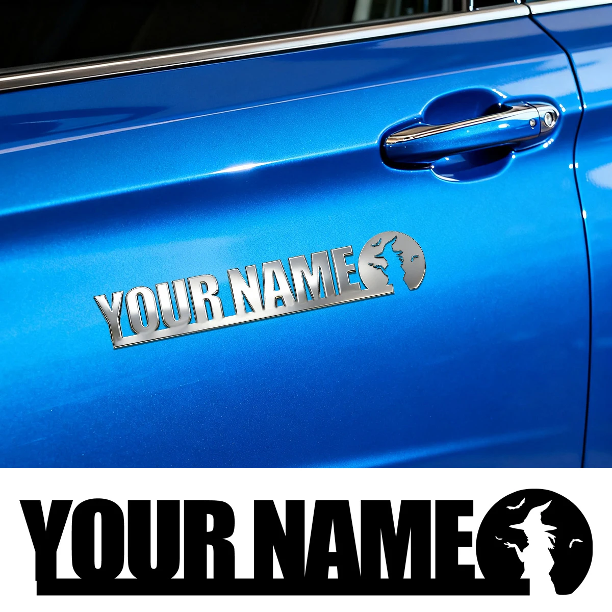

Halloween Magic Witch Metal Car Styling Body Side Stickers Customization YOUR NAME Badge Emblem For Guitar diy Decor Accessories