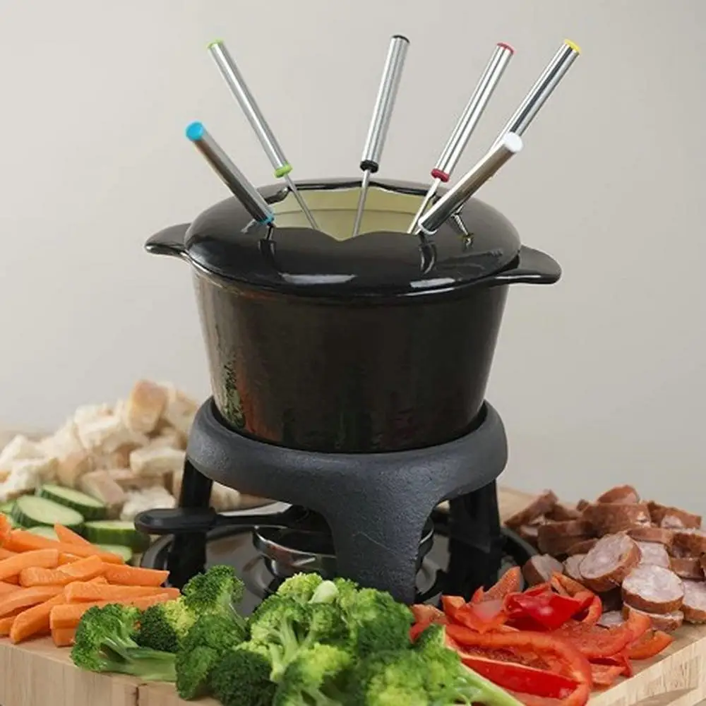 New Arrival Cookware 16cm Red Enamel Cast Iron Fondue Pot Chocolate Fondue Cast Iron Cheese Fondue Sets With Stainless Forks