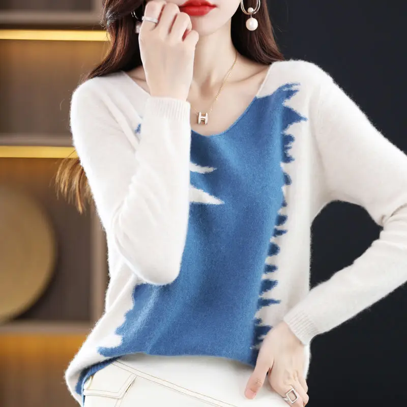 Spring Autumn New Fashion Turn-down Collar Long Sleeve Pullovers Women's Clothing Patchwork Color Blocking Knitting Loose Tops