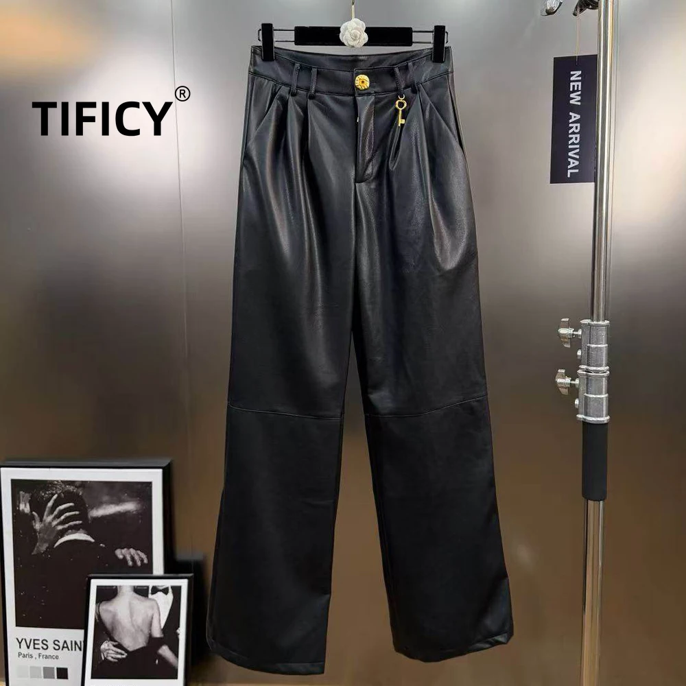 High Street Pants Women's Spring Metallic Keychain Black PU Leather Straight Slimming Versatile Wide-Leg Pants Casual Long Pants