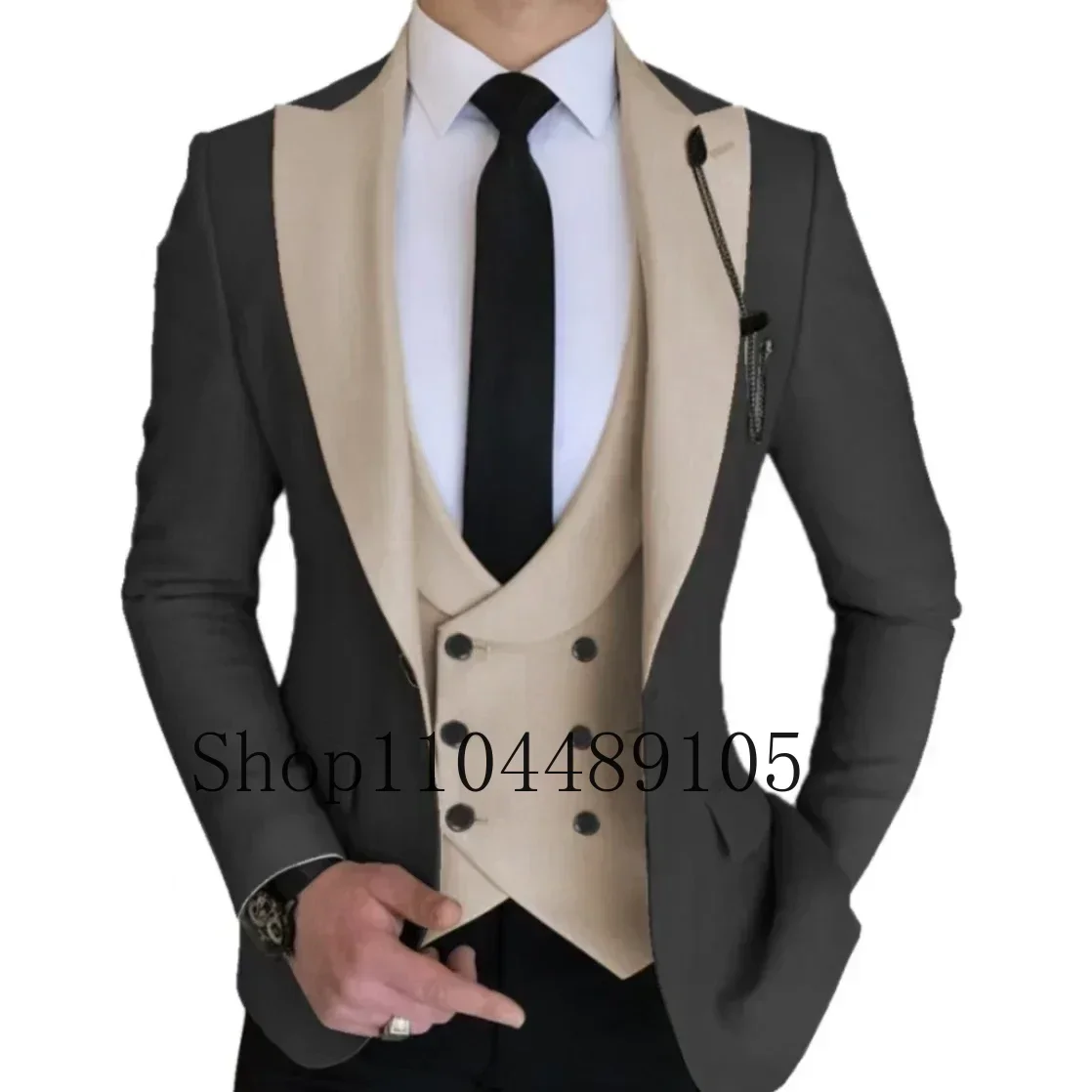 

Men Clothing 3 Pieces Blazer Vest and Pants Set Men's Slim Fit Suit with Color-blocked Lapels Summer Beach Banquet Preside
