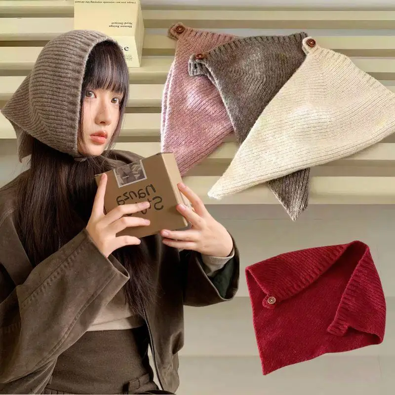 

Autumn Winter Korean Cute Button Knitted Triangular Hair Scarf Headband Warm Ear Protector Knitted Hat For Women Windproof Hood